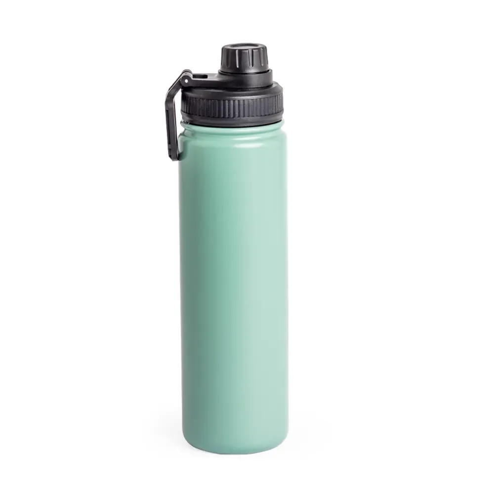 Garrafa térmica inox 650ml verde com alça e tampa rosqueável personalizada