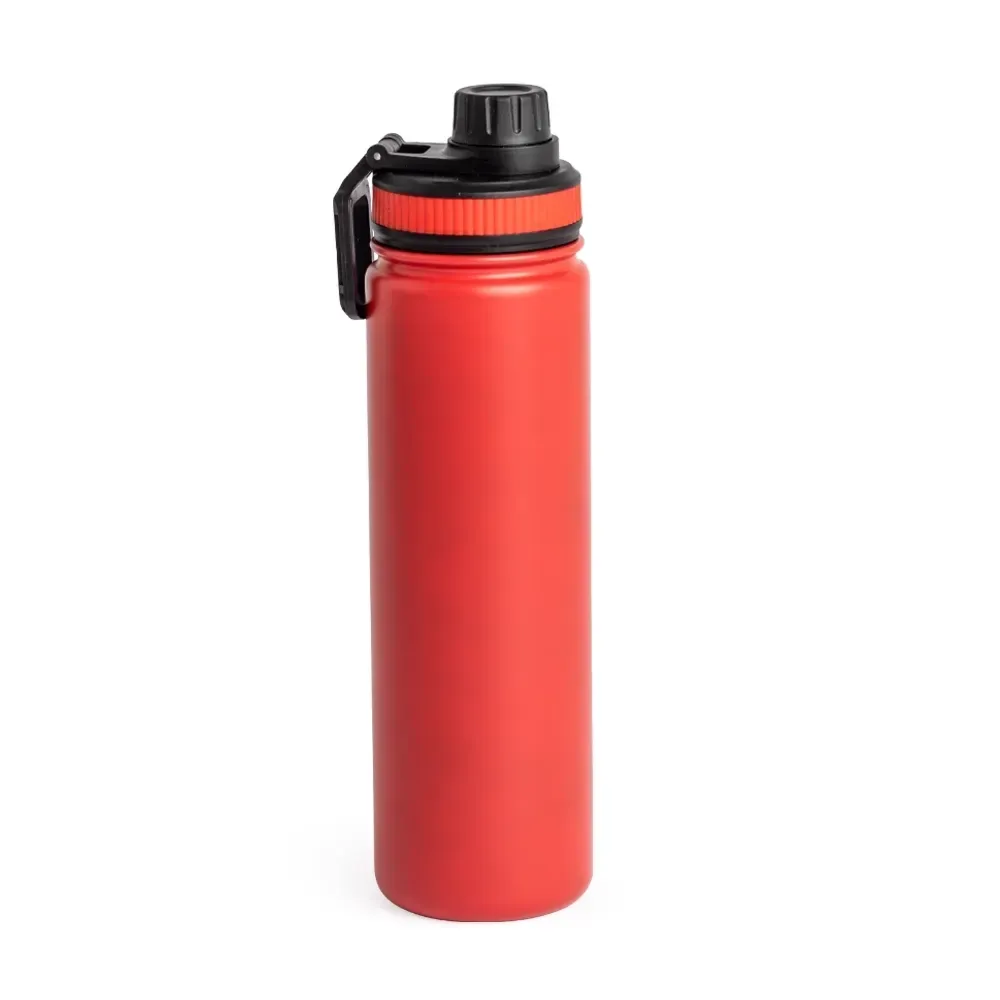 Garrafa térmica inox 650ml vermelha com alça e tampa rosqueável personalizada