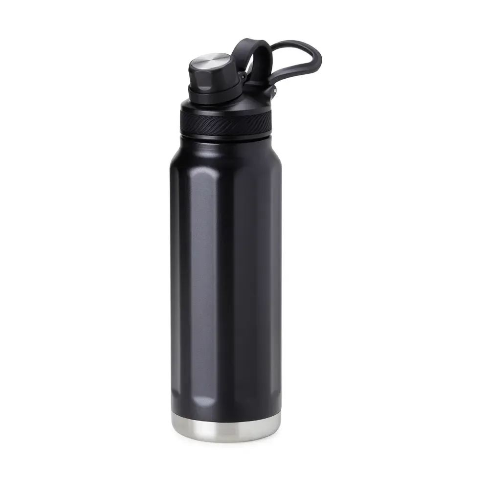 Garrafa Térmica Inox 950ml personalizada preta com faixas em relevo