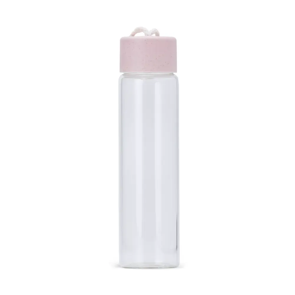Garrafa de Vidro 330ml com Alça de Algodão personalizada rosa