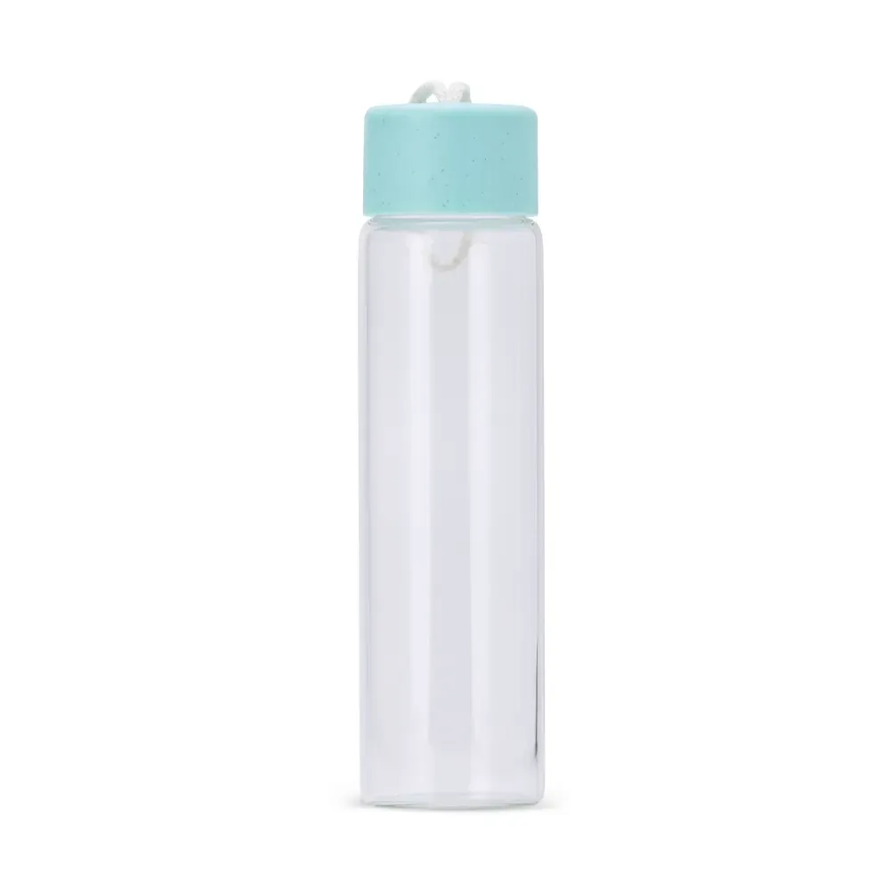 Garrafa de Vidro 330ml com Alça de Algodão personalizada verde água