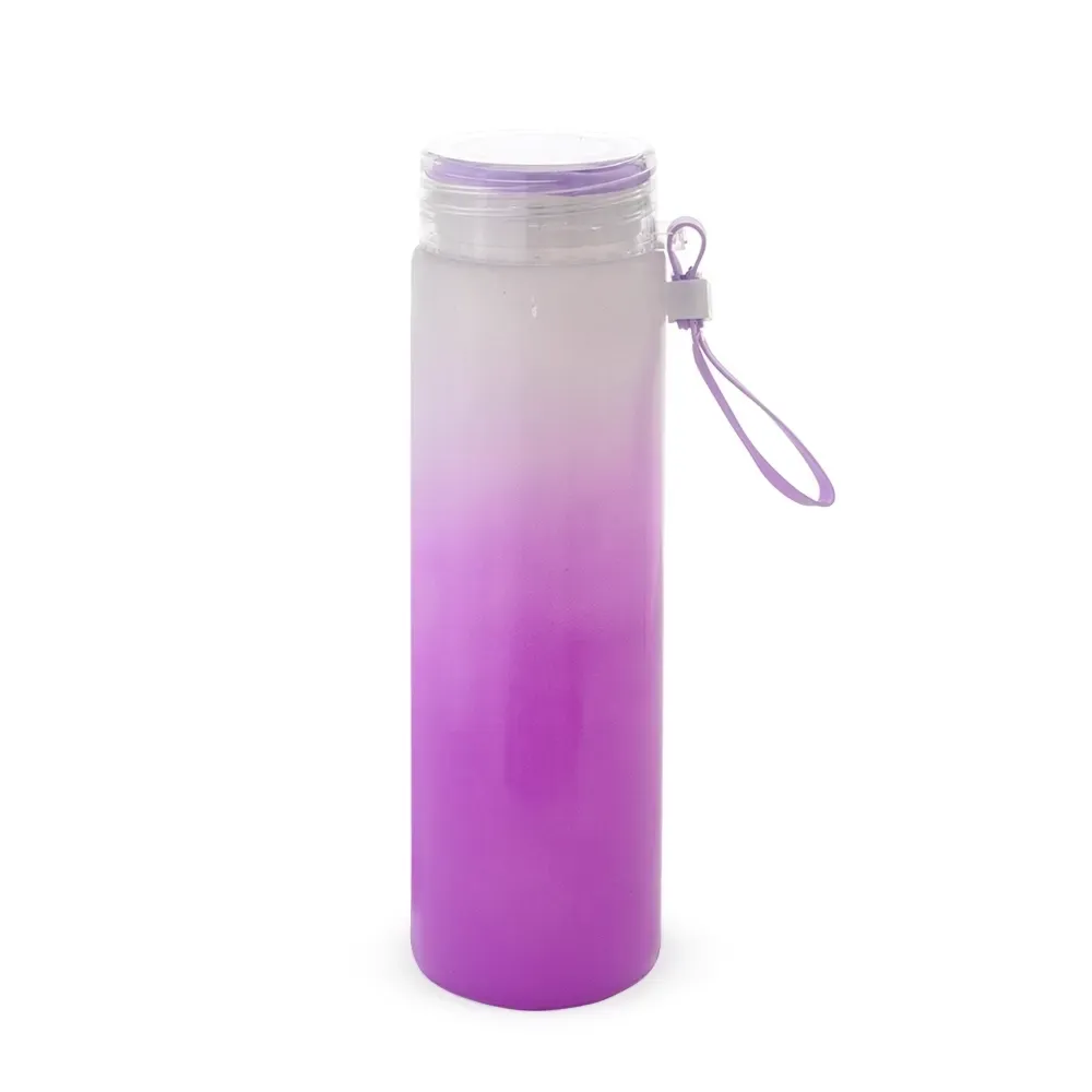 Garrafa de Vidro 400ml Bicolor com Alça de Silicone personalizada roxa