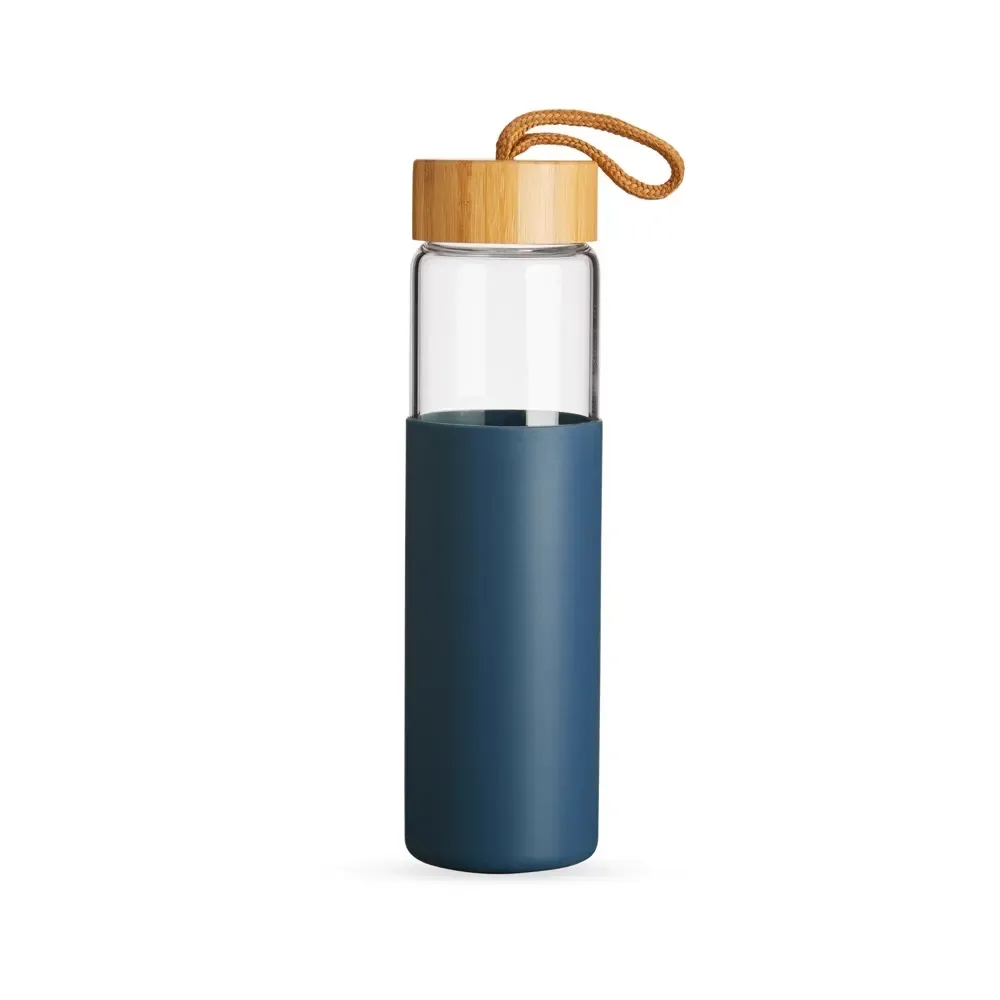 Garrafa de Vidro 750ml personalizada azul escuro com tampa de bambu