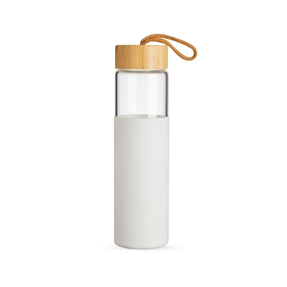 Garrafa de Vidro 750ml personalizada branca com tampa de bambu