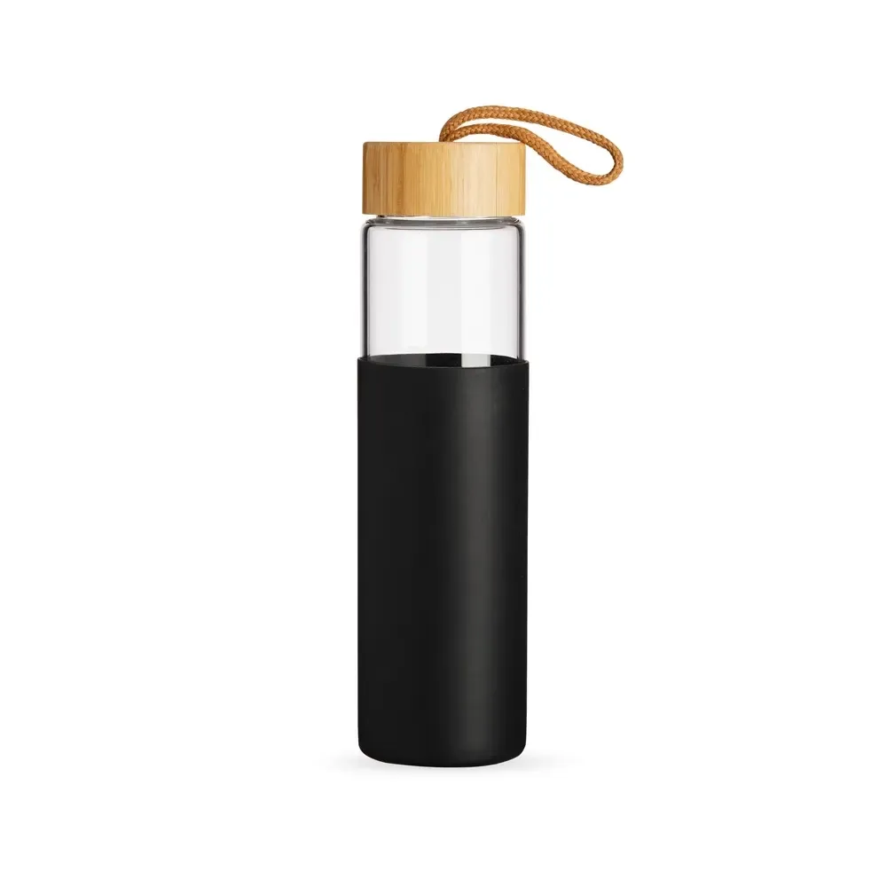 Garrafa de Vidro 750ml personalizada preta com tampa de bambu