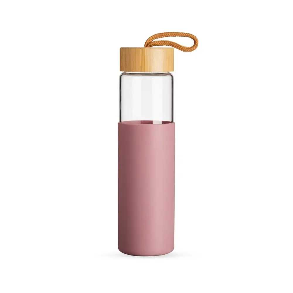 Garrafa de Vidro 750ml personalizada rosa com tampa de bambu