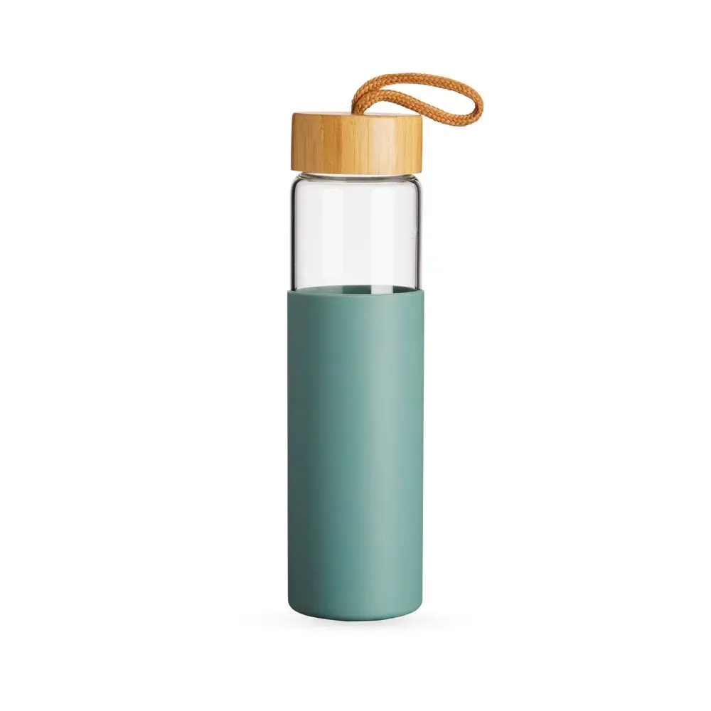 Garrafa de Vidro 750ml personalizada verde com tampa de bambu