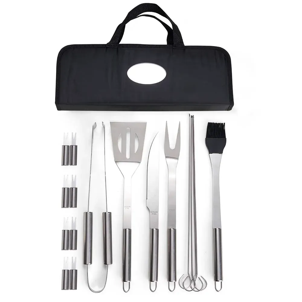 Kit Churrasco 17 Peças com espetos e garfinhos, estojo de nylon