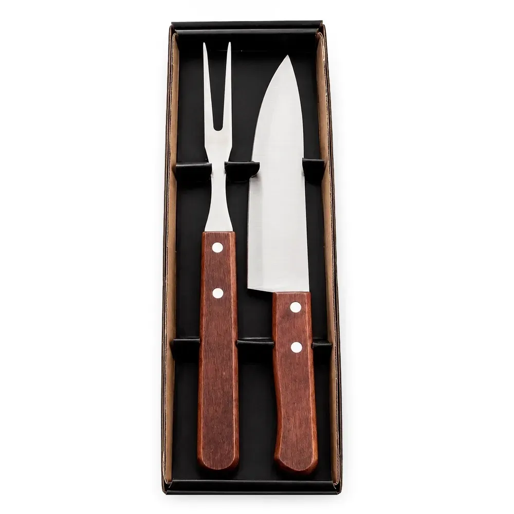Kit Churrasco 2 Peças com cabo de madeira, embalagem kraft, cor preta