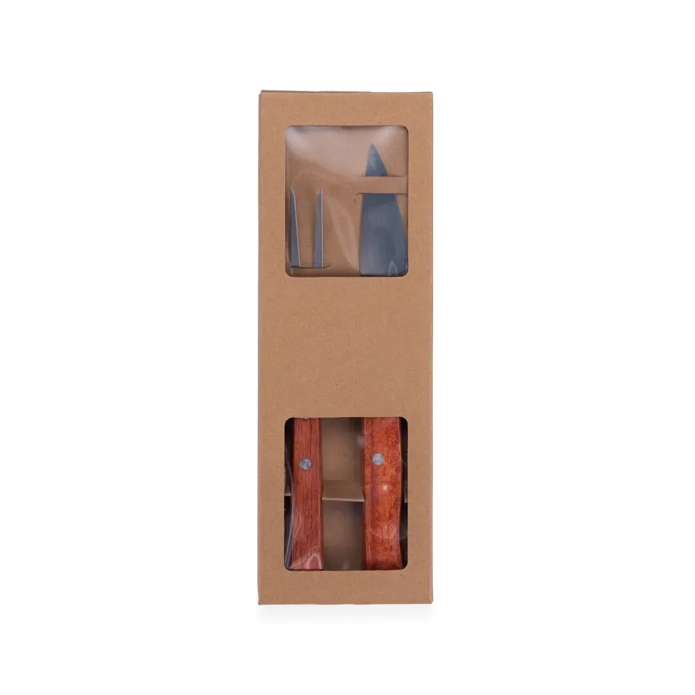 Kit churrasco personalizado com faca e garfo, caixa de papelão kraft