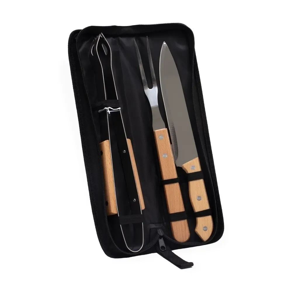 Kit churrasco personalizado com faca, garfo e pegador, estojo de nylon, cor preto