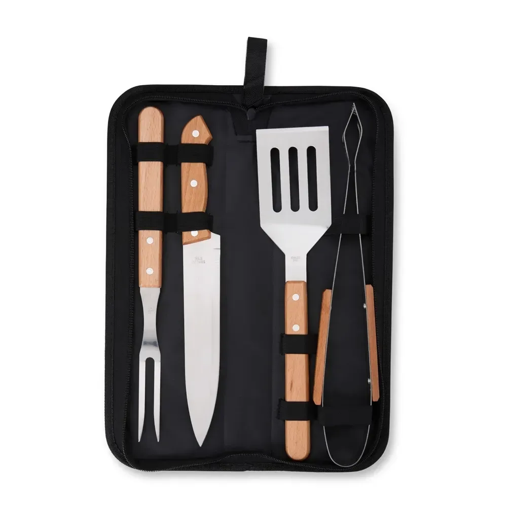 Kit Churrasco 4 Peças com cabo de madeira e plaquinha autoadesiva, cor preta