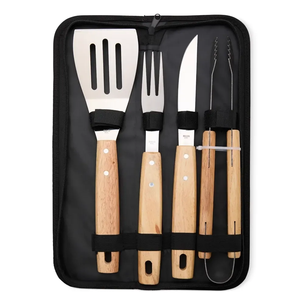Kit churrasco personalizado com espátula, garfo, pegador e faca, cor preto