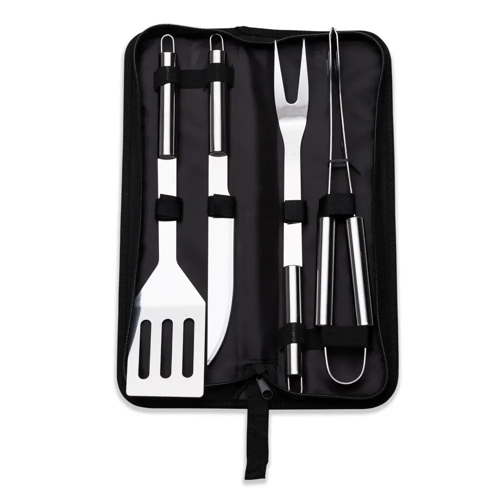 Kit Churrasco 4 Peças com pegador e espátula, estojo de nylon, cor preta