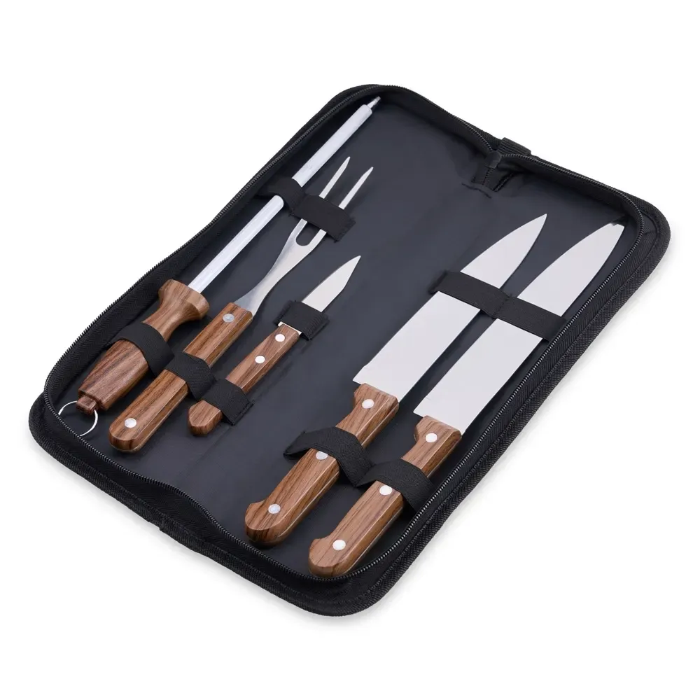 Kit Churrasco 5 Peças com cabo plástico, 3 facas, cor preta