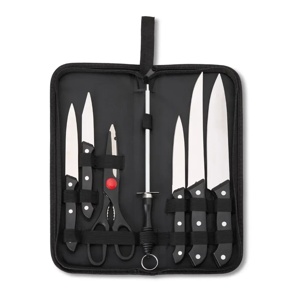 Kit Churrasco 5 Peças com tesoura, cabo plástico, cor preta