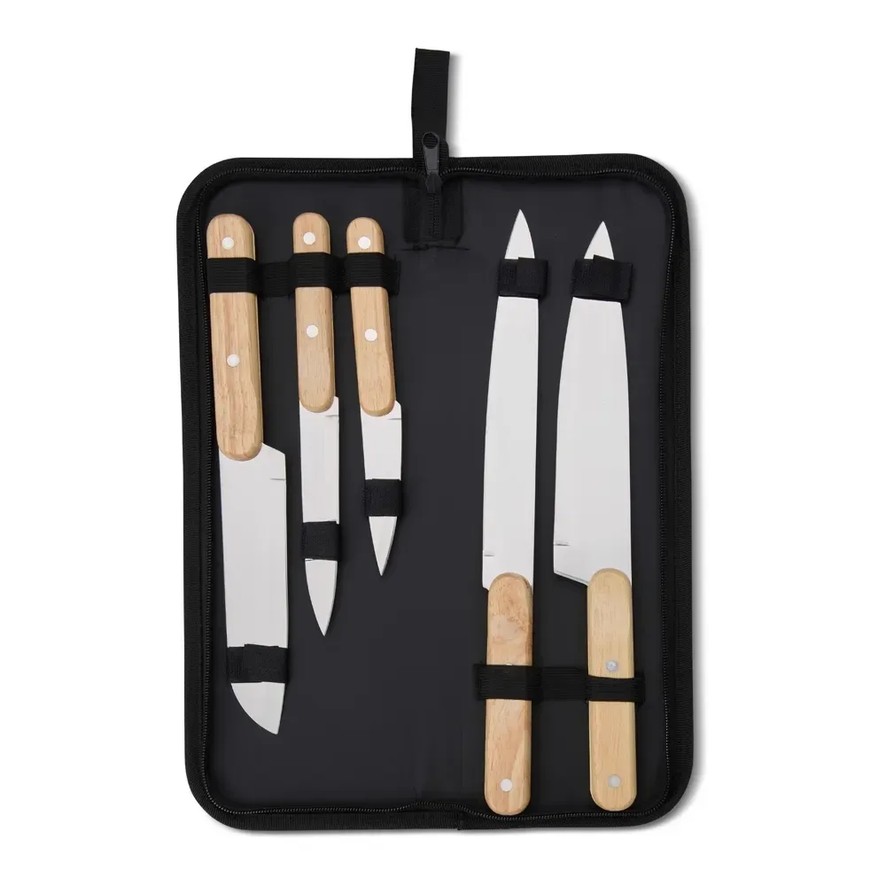 Kit churrasco personalizado com 5 facas em inox e estojo de nylon, cor preto