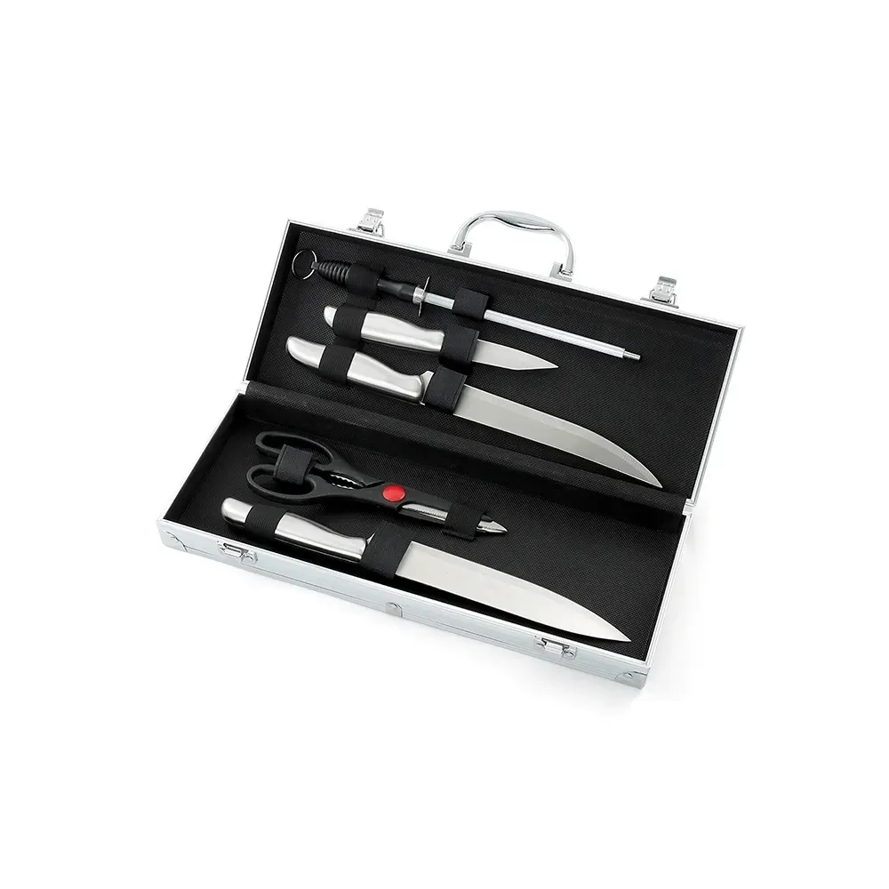 Kit Churrasco 5 Peças em maleta de alumínio, cor prata
