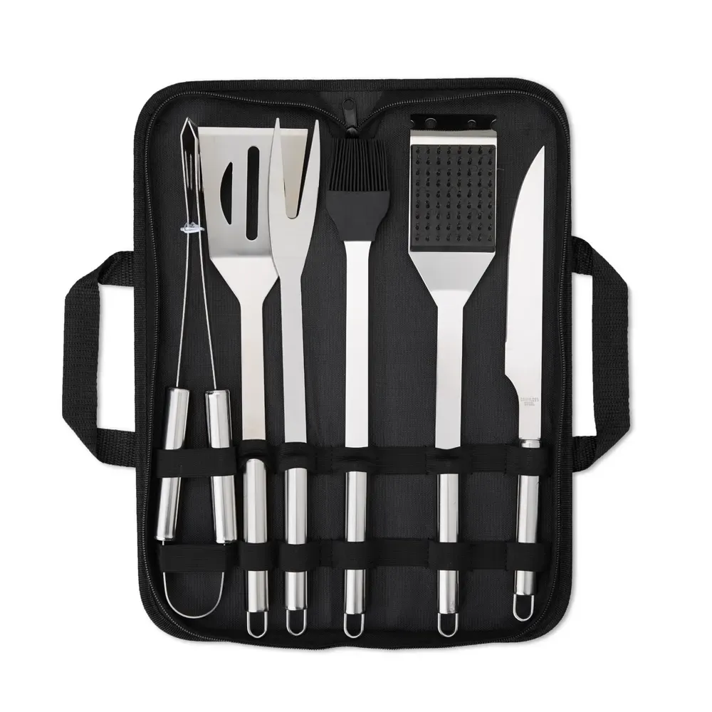 Kit churrasco personalizado com 6 peças em inox e escova para grelha, cor preto