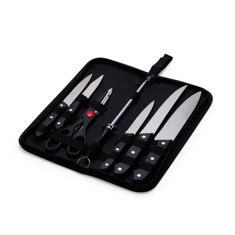 Kit Churrasco 7 Peças com chaira e tesoura, cabo plástico, cor preta