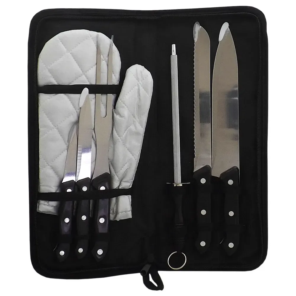 Kit Churrasco 7 Peças com luva, estojo de nylon, cor preta