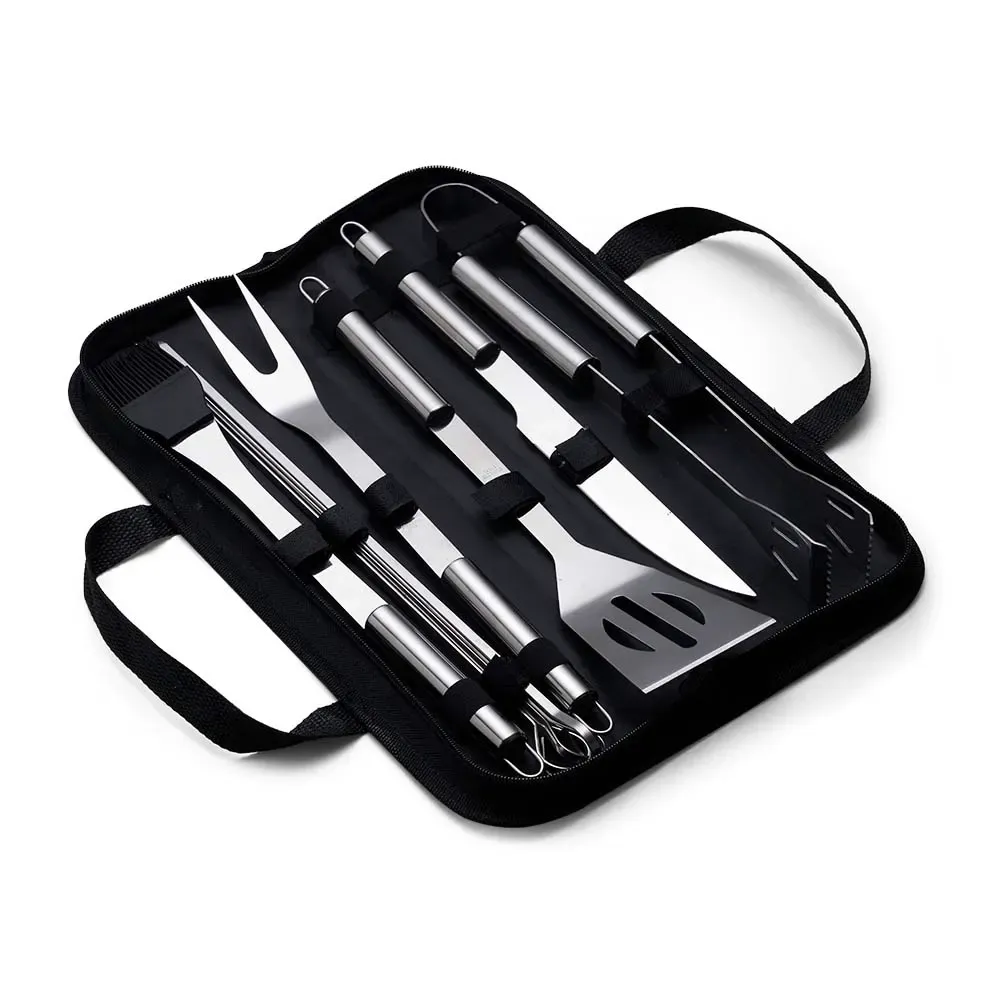 Kit Churrasco 9 Peças com espetos, estojo de nylon, cor inox