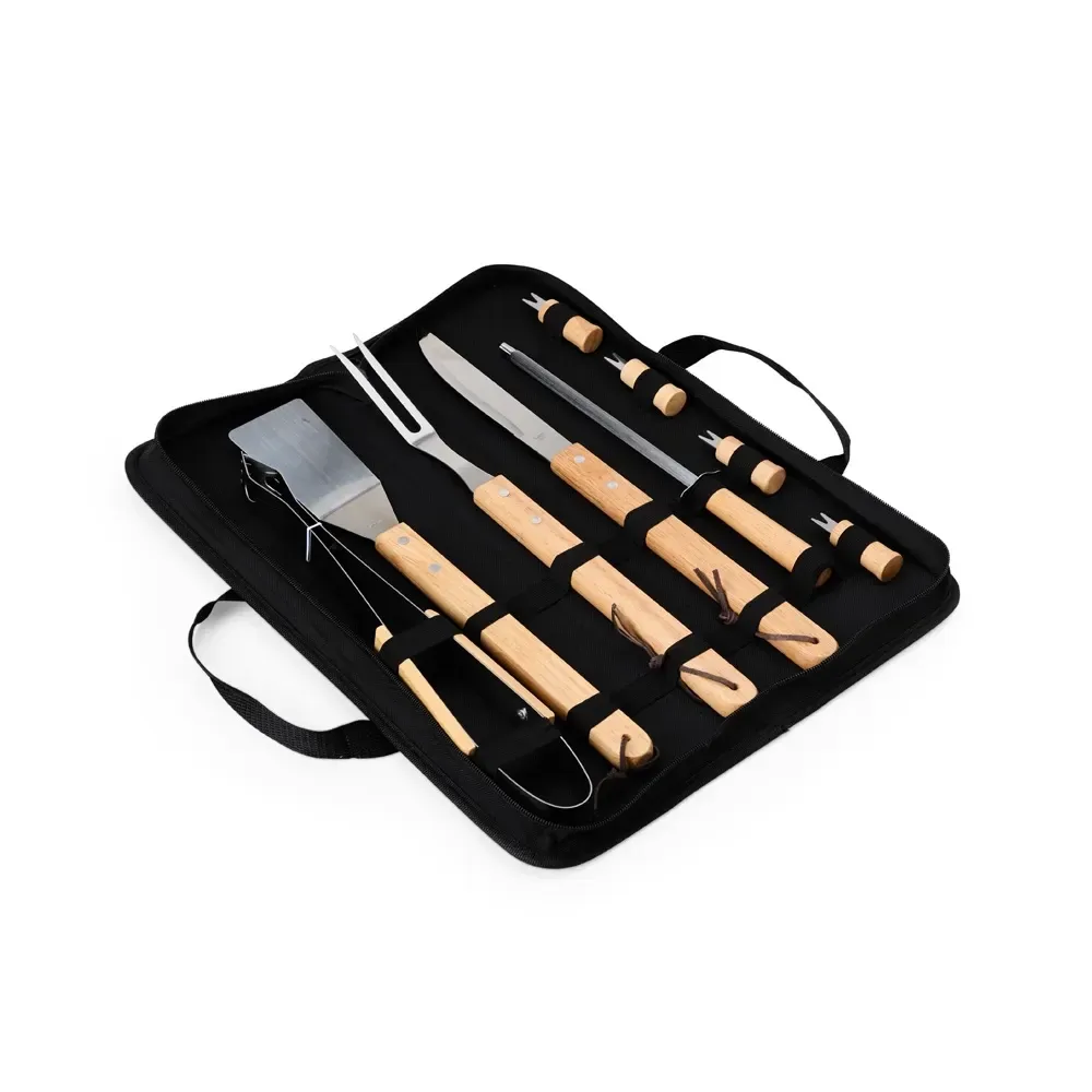 Kit churrasco personalizado com 9 peças, faca, chaira e espátula, cor preto