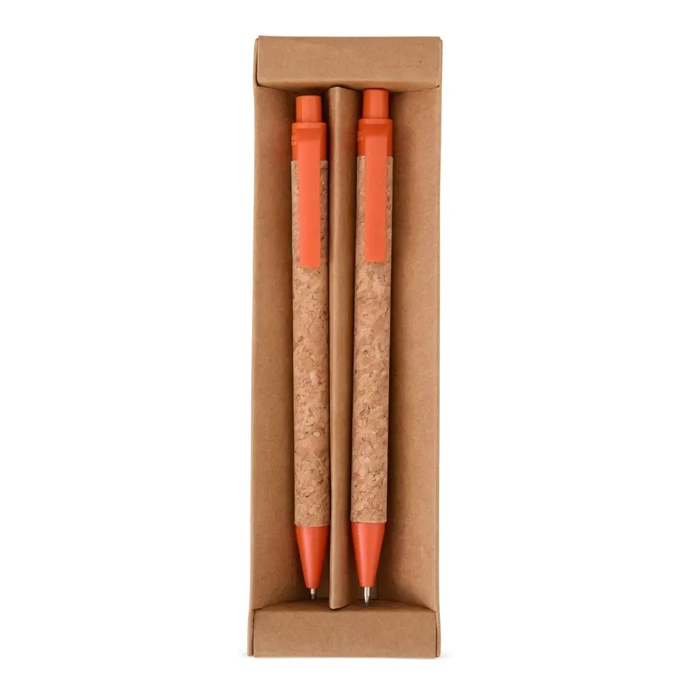 Kit ecológico caneta e lapiseira de cortiça personalizado laranja