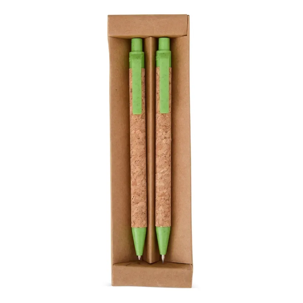 Kit ecológico caneta e lapiseira de cortiça personalizado verde claro