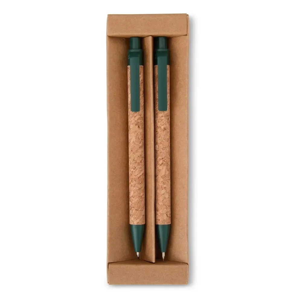 Kit ecológico caneta e lapiseira de cortiça personalizado verde escuro