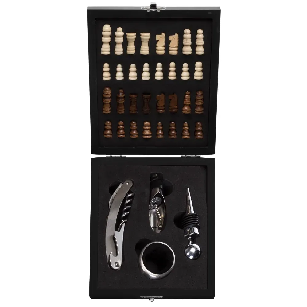Kit Vinho Xadrez 4 Peças em estojo de MDF, cor preta