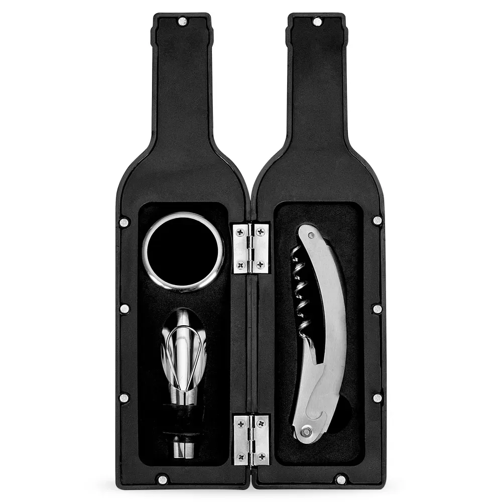 Kit Vinho Garrafa 3 Peças em estojo formato garrafa, cor preta