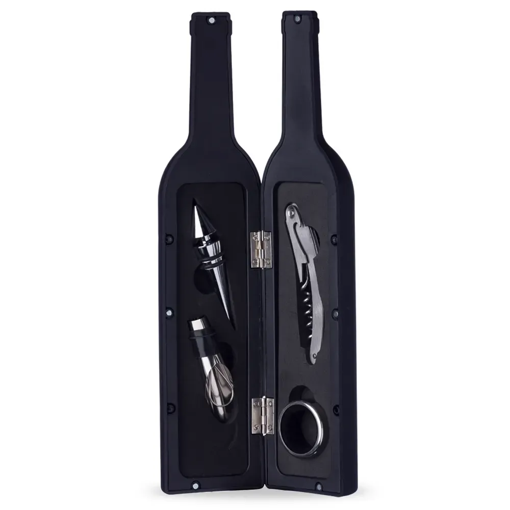 Kit Vinho Garrafa 4 Peças em estojo formato garrafa, cor preta