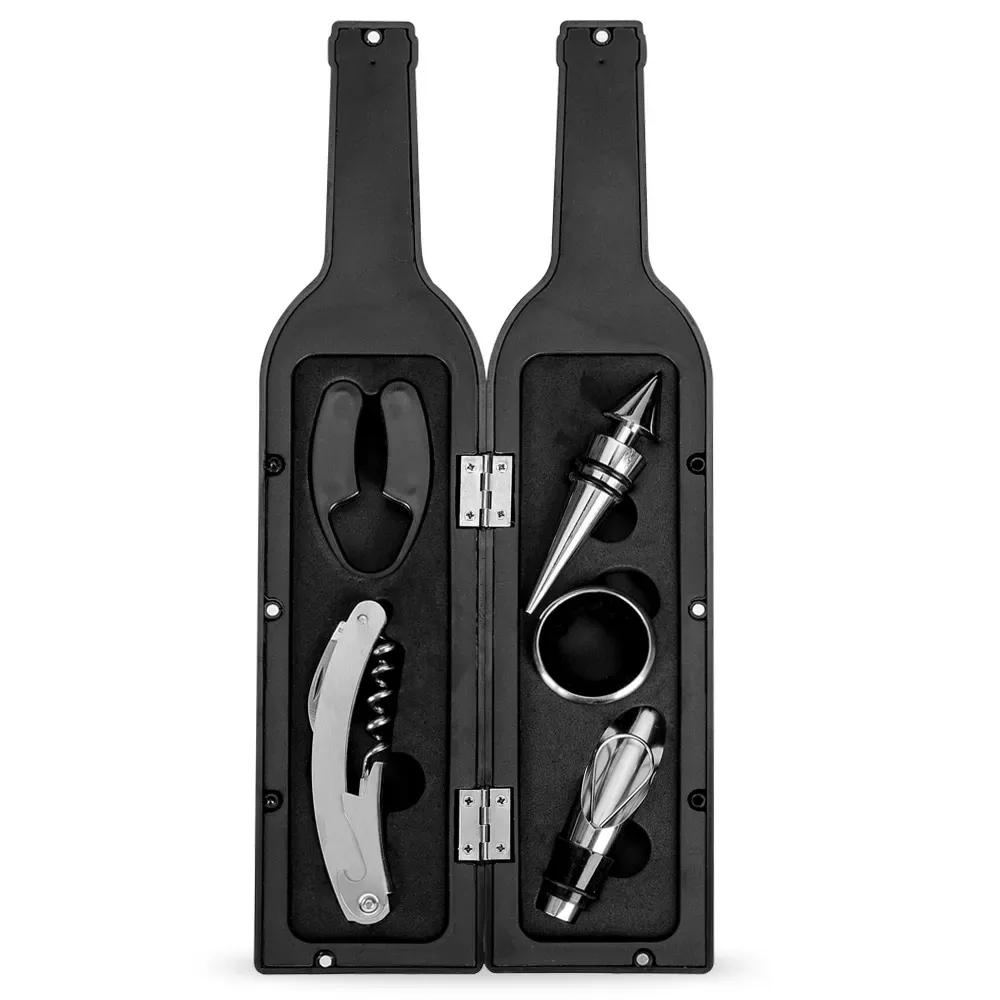 Kit Vinho Garrafa 5 Peças em estojo formato garrafa, cor preta