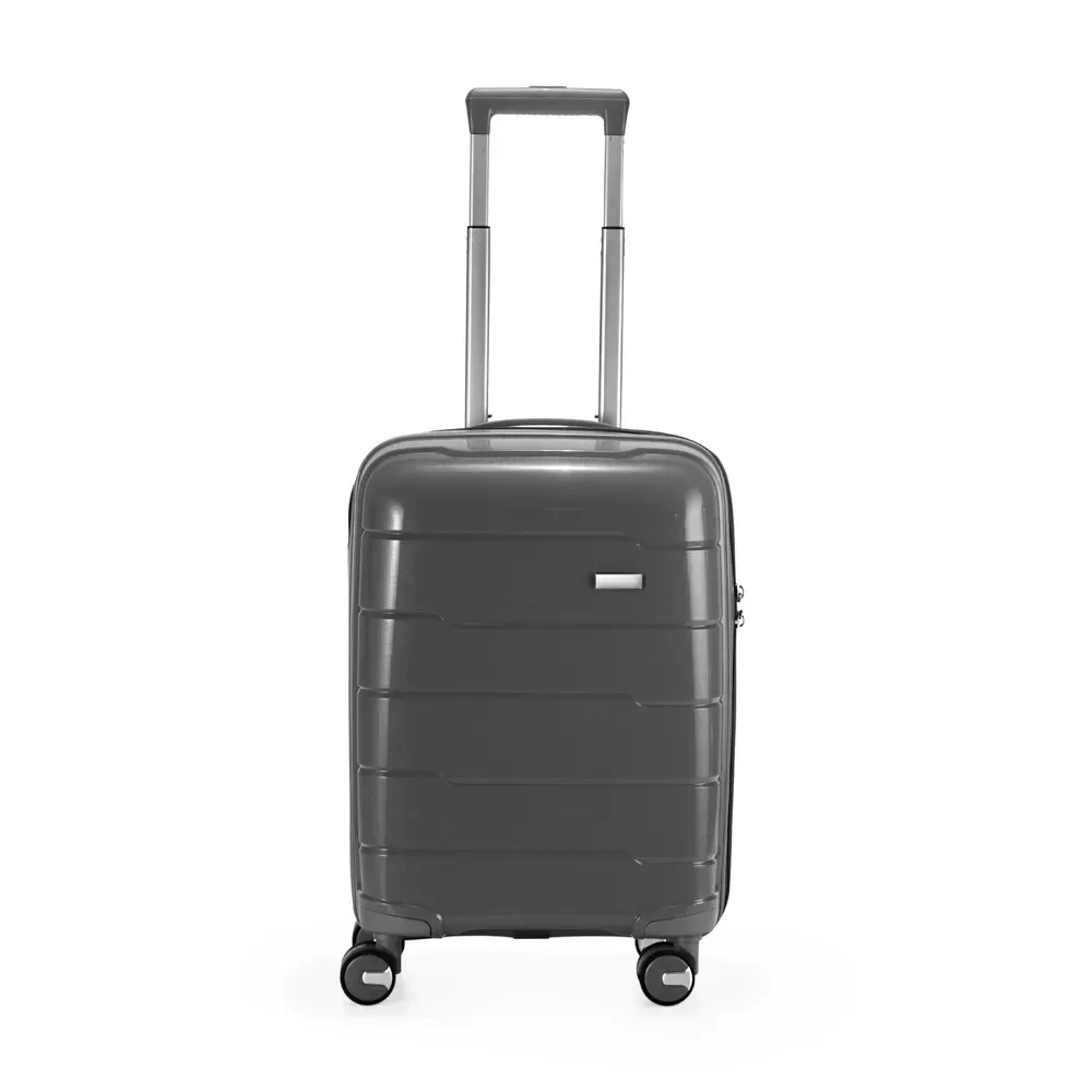 Mala de bordo personalizada 45 litros em polipropileno com cadeado TSA, cor cinza escuro