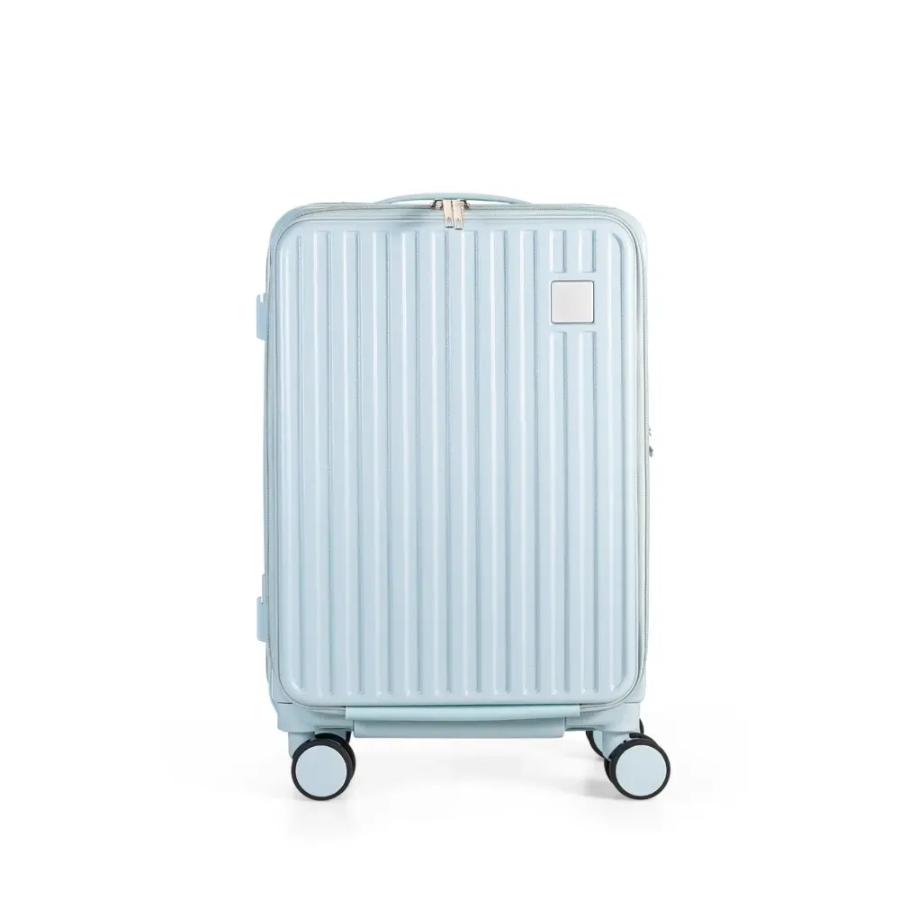 Mala de viagem personalizada 38 litros em policarbonato com suporte para copo, cor azul claro