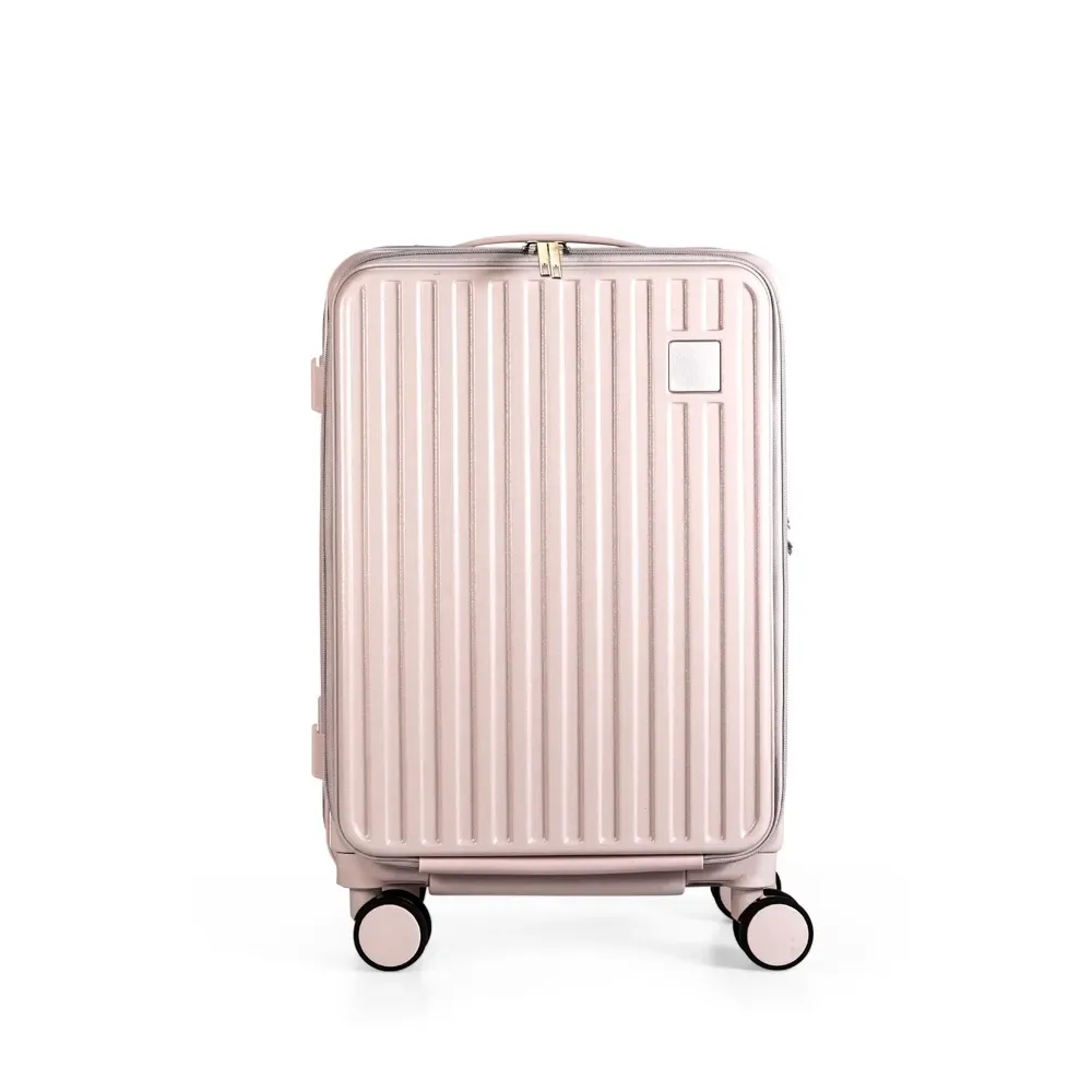 Mala de viagem personalizada 38 litros em policarbonato com suporte para copo, cor rosa claro