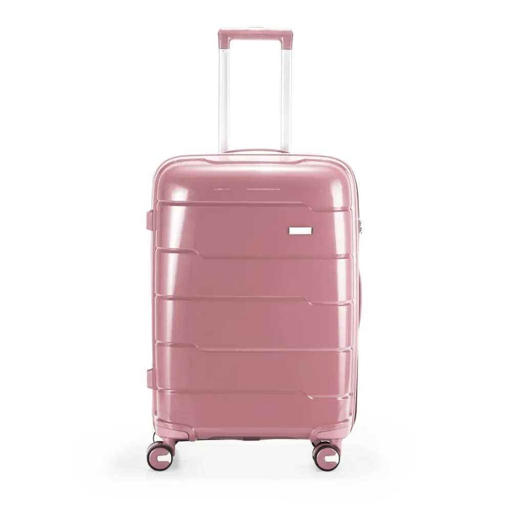 Mala de viagem personalizada 66 litros em polipropileno com cadeado TSA, cor rosa