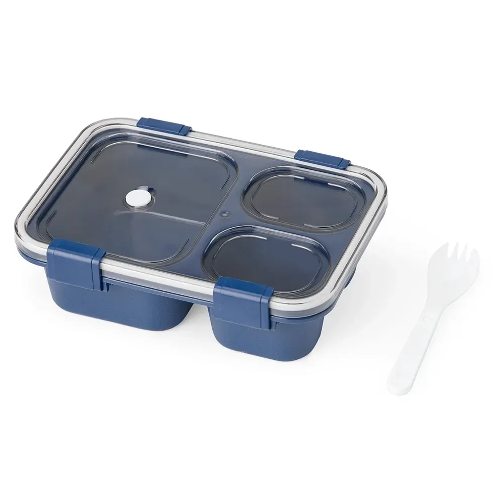 Marmita hermética plástica 800ml personalizada com 3 divisórias, cor azul