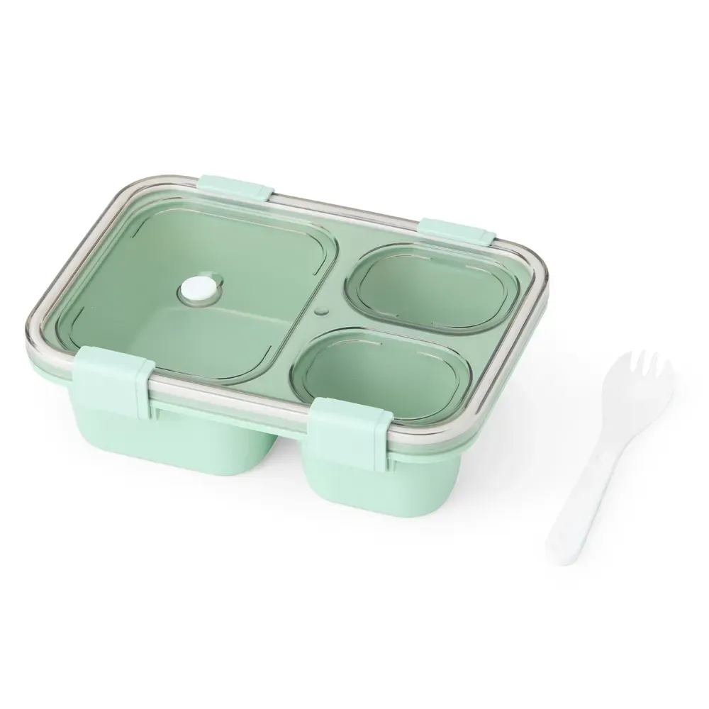 Marmita hermética plástica 800ml personalizada com 3 divisórias, cor verde