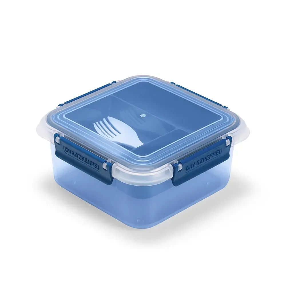 Marmita hermética plástico 1 litro personalizada com anel de silicone e spork, cor azul
