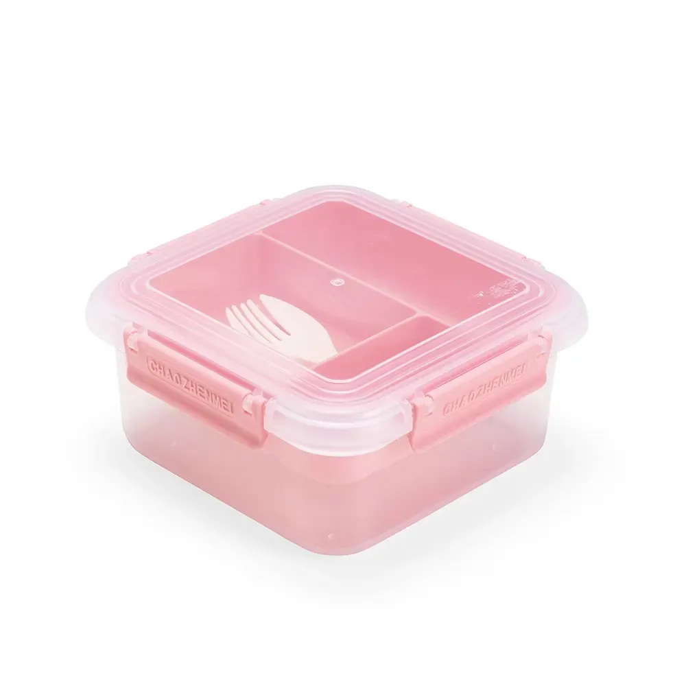 Marmita hermética plástico 1 litro personalizada com anel de silicone e spork, cor rosa