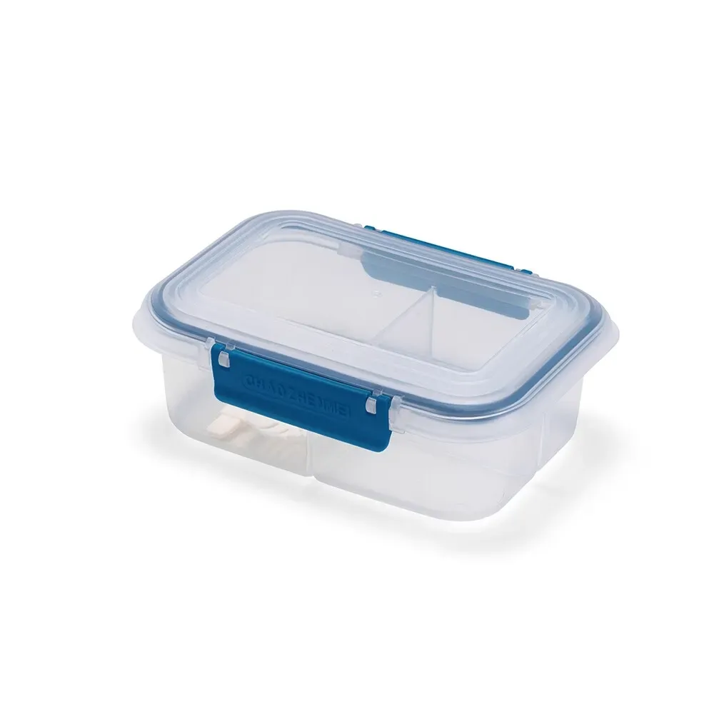 Marmita hermética plástico 650ml personalizada com 3 divisórias e spork, cor azul