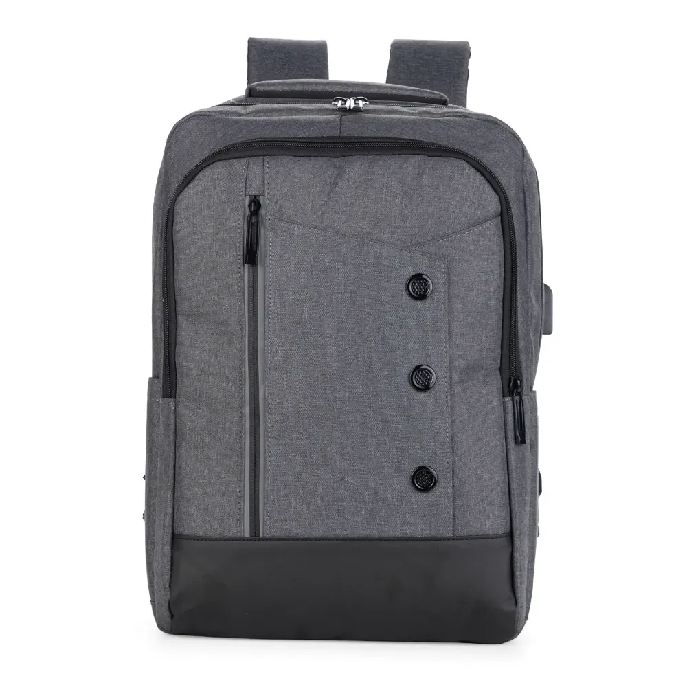 Mochila personalizada com detalhes em couro sintético e USB, 20 litros, cor cinza escuro