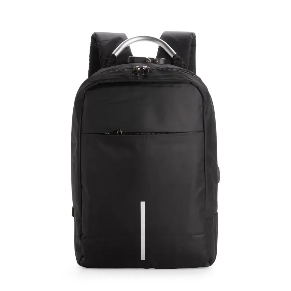 Mochila antifurto personalizada com cadeado e USB, poliéster, 16 litros, cor preta