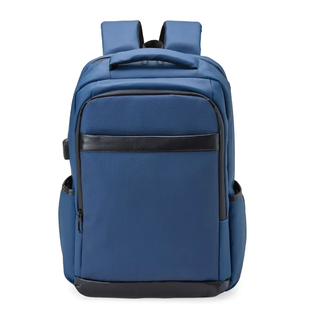 Mochila Couro Sintético 26L com USB e plaquinha personalizada em azul