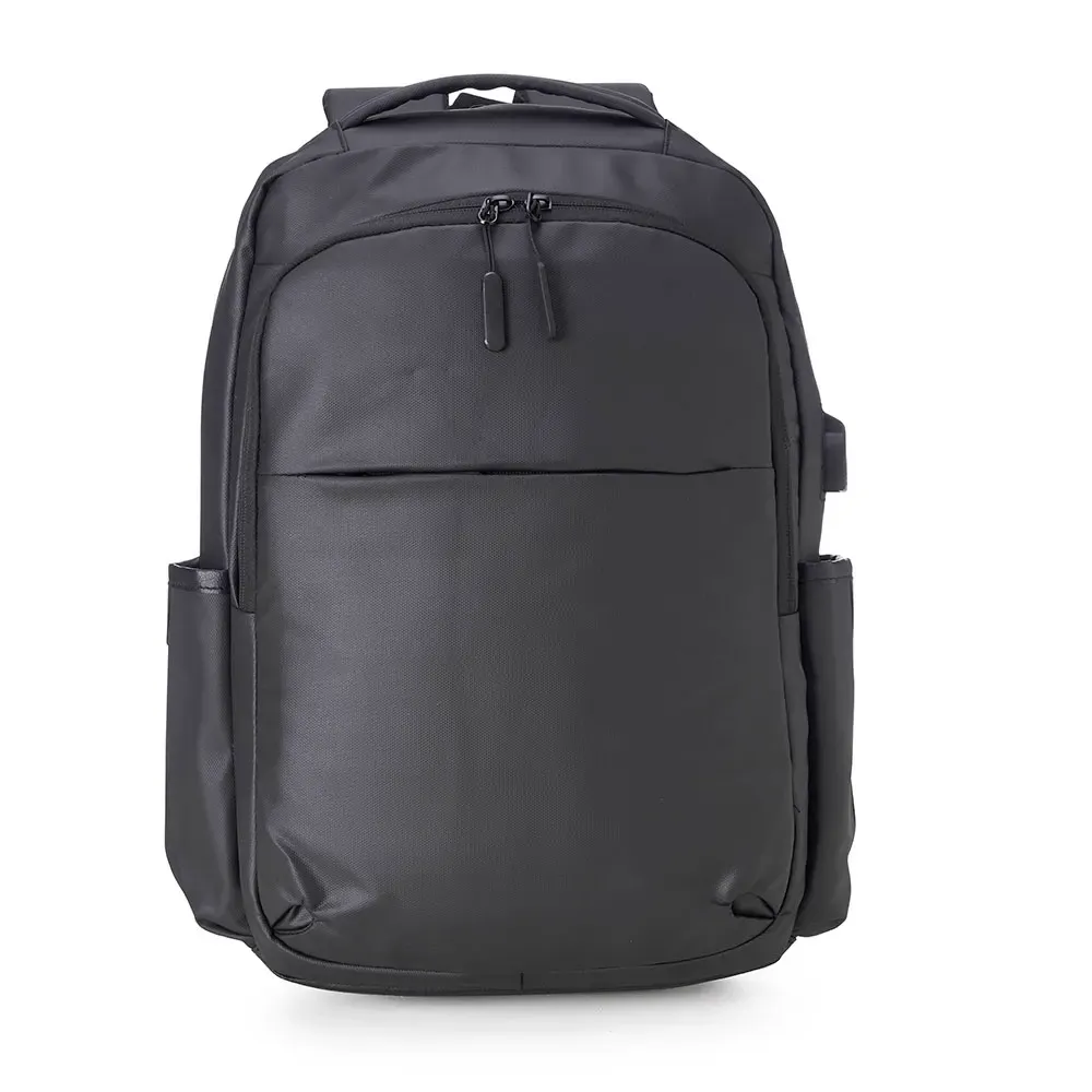 Mochila personalizada em couro sintético com USB, 20 litros, cor preta