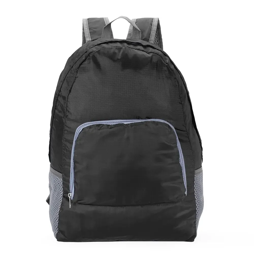 Mochila dobrável personalizada de nylon, 21 litros, cor preto com azul