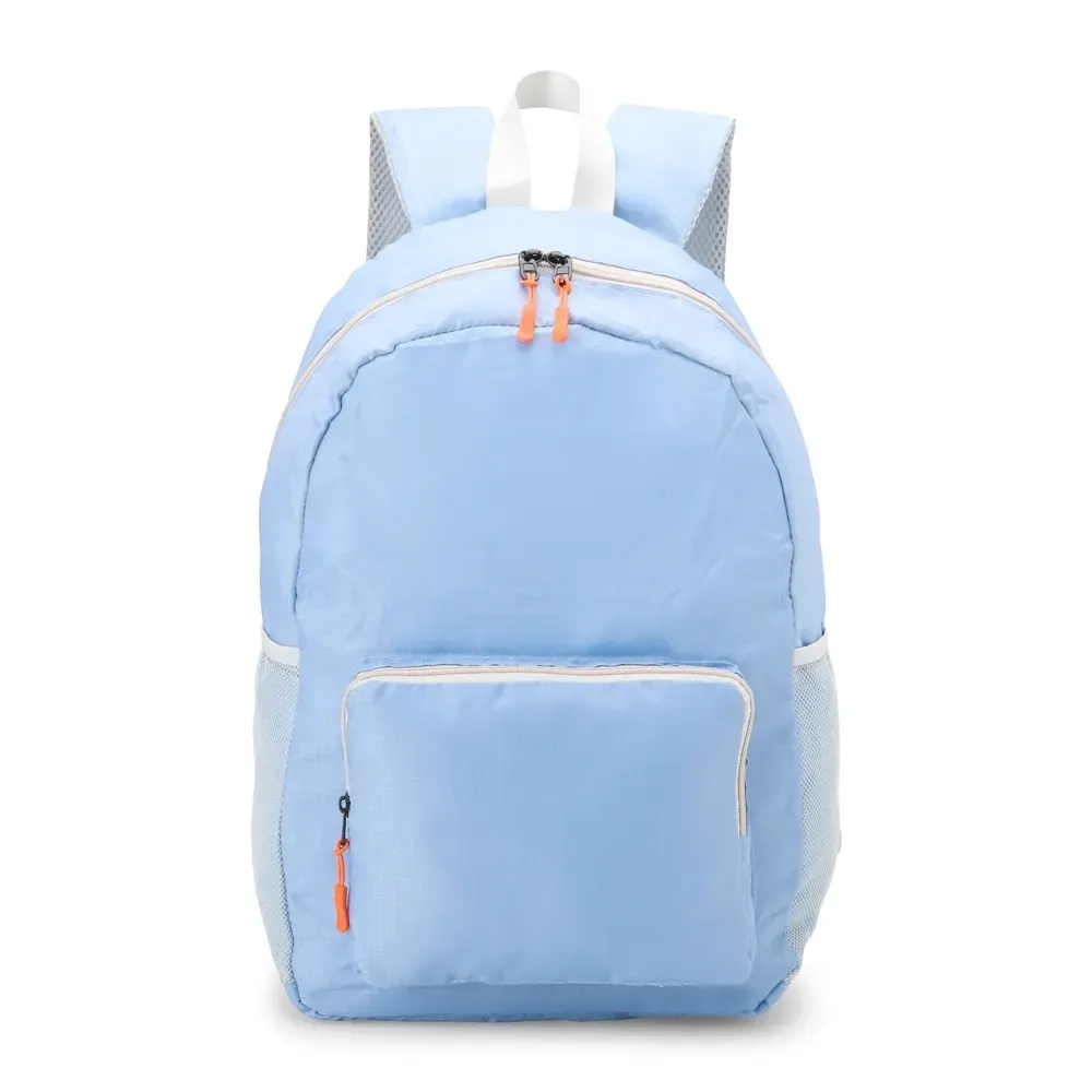 Mochila dobrável personalizada de nylon, 24 litros, cor azul claro
