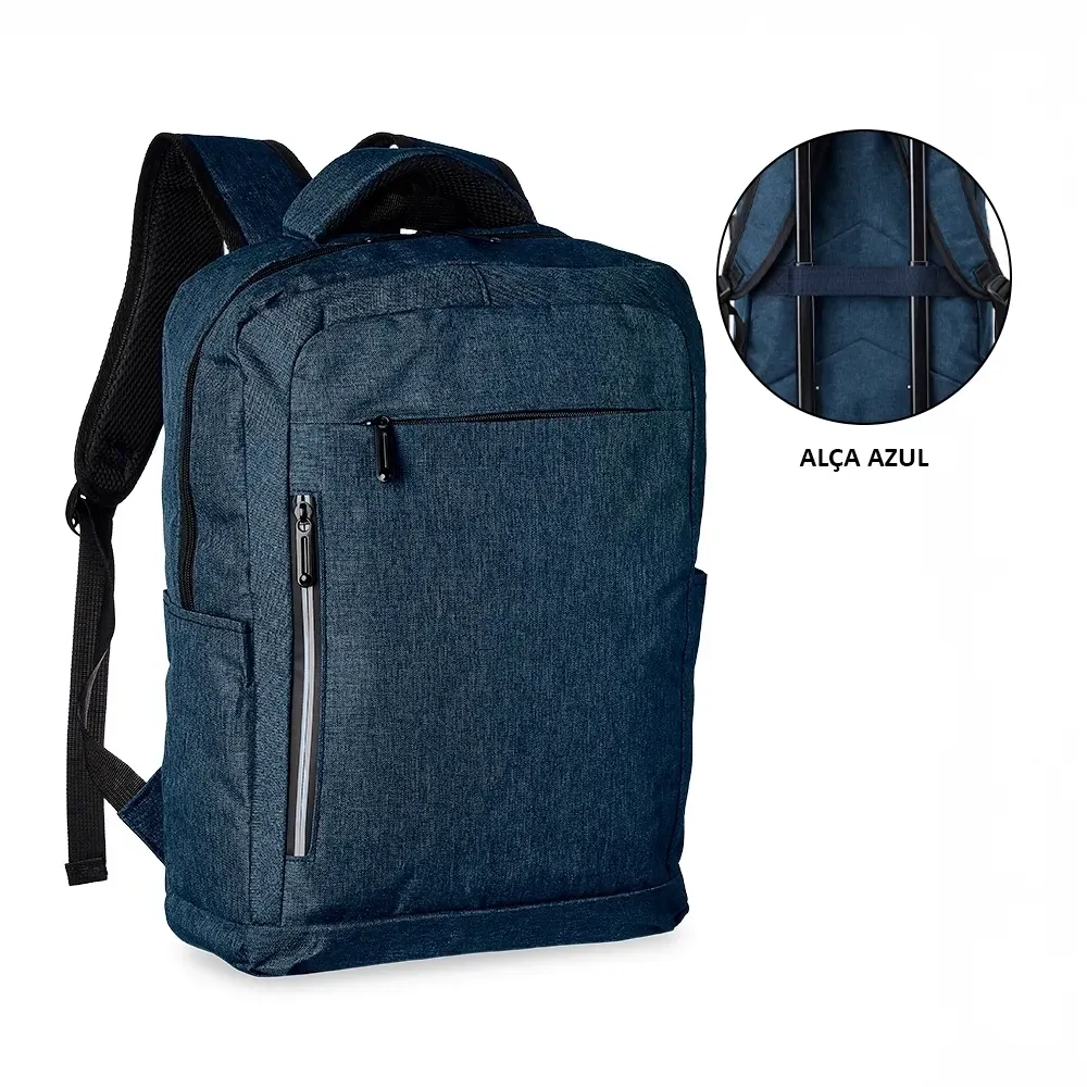 Mochila personalizada de nylon com USB e plaquinha metálica, 20 litros, cor azul com azul